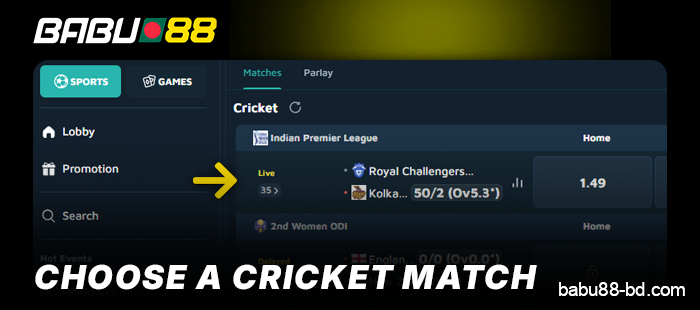 Select a cricket match on Babu88 BD