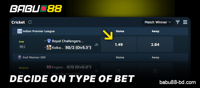 Select an event to bet on a cricket match at Babu88 BD