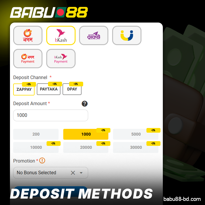 Methods for depositing funds into Babu88 BD account