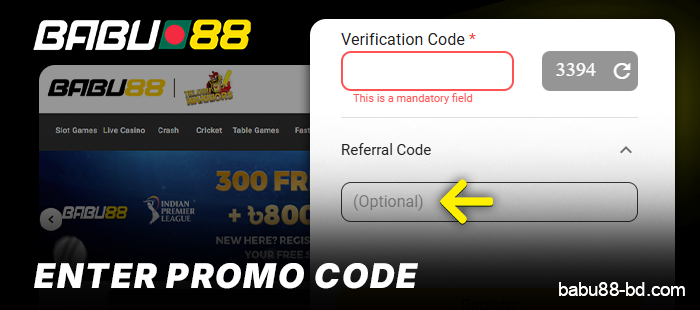 Enter the promo code in the Babu88 registration form
